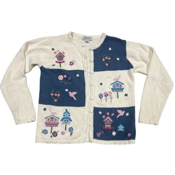 Haband Sweaters - Vintage Haband Embroidered Floral Birds Button Up Cardigan Sweater Size Medium
